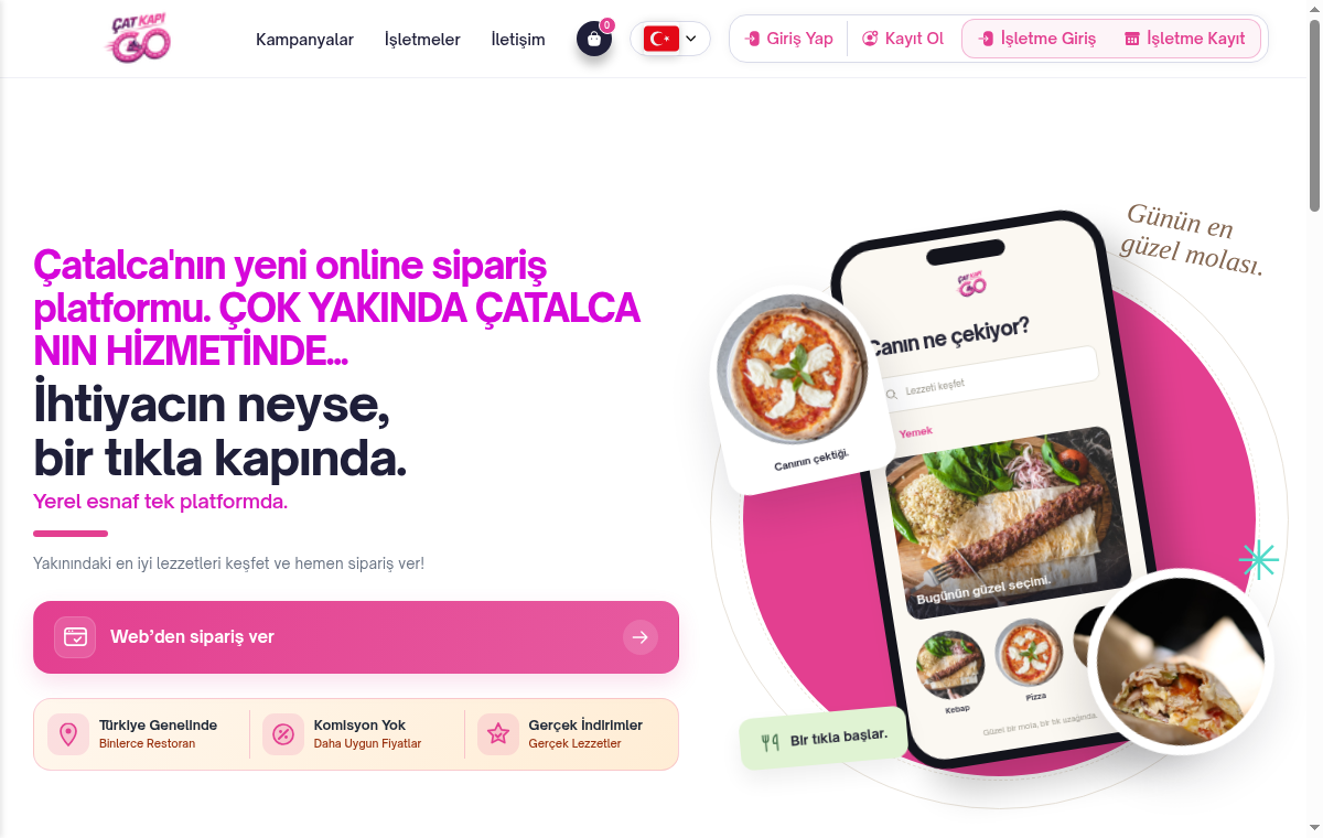 Çat Kapı Go web sitesi: markaya özel yemek ve market sipariş deneyimi